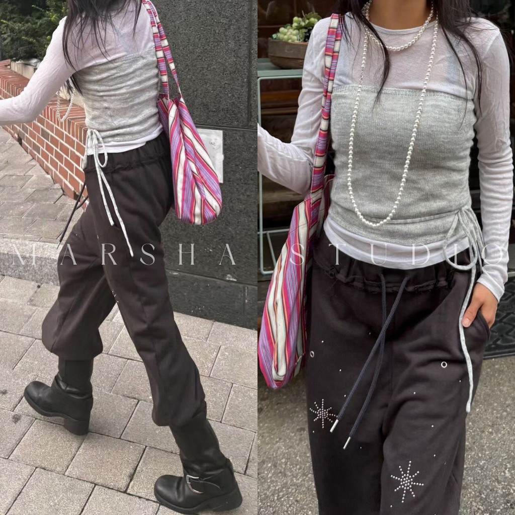 POST❮韓國❯6CK05星星金屬孔洞抽繩鬆緊腰直筒束口棉褲 運動褲 休閒長褲2