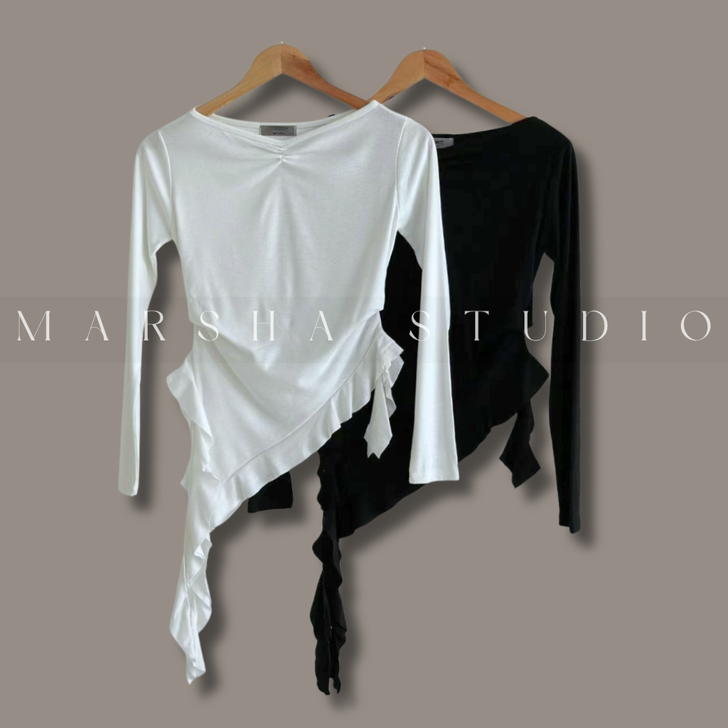 6CK04TOP｜LONG｜GOOXEE GUSSINE｜法式不對稱剪裁側荷葉修身長袖上衣 (2)