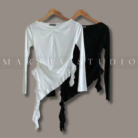 6CK04TOP｜LONG｜GOOXEE GUSSINE｜法式不對稱剪裁側荷葉修身長袖上衣 (2)