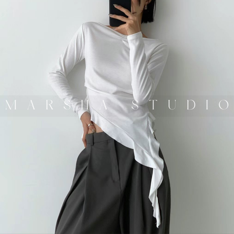 6CK04TOP｜LONG｜GOOXEE GUSSINE｜法式不對稱剪裁側荷葉修身長袖上衣 (3)