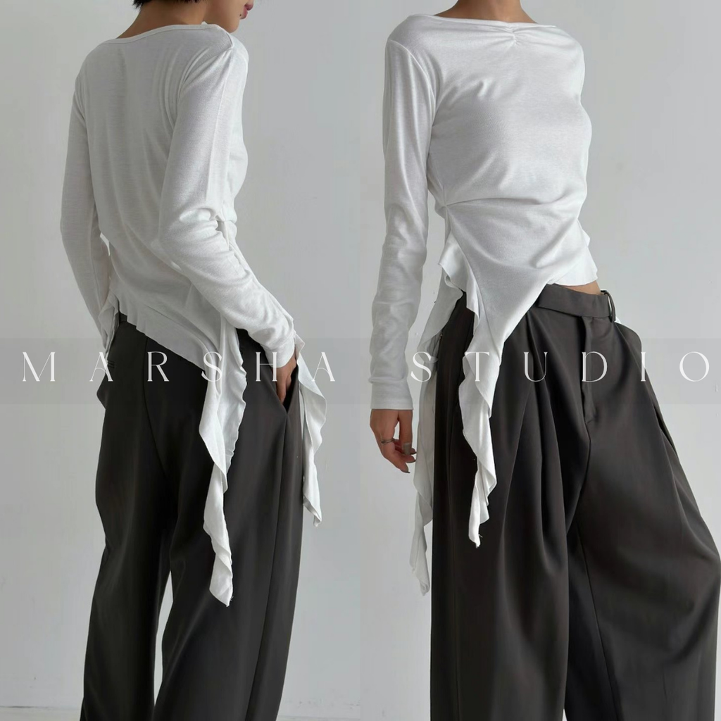 6CK04TOP｜LONG｜GOOXEE GUSSINE｜法式不對稱剪裁側荷葉修身長袖上衣 (4)