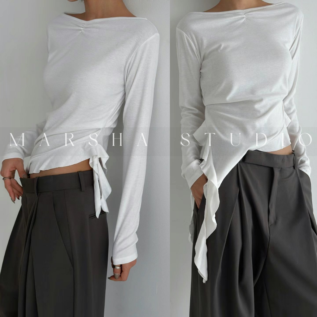 6CK04TOP｜LONG｜GOOXEE GUSSINE｜法式不對稱剪裁側荷葉修身長袖上衣 (6)