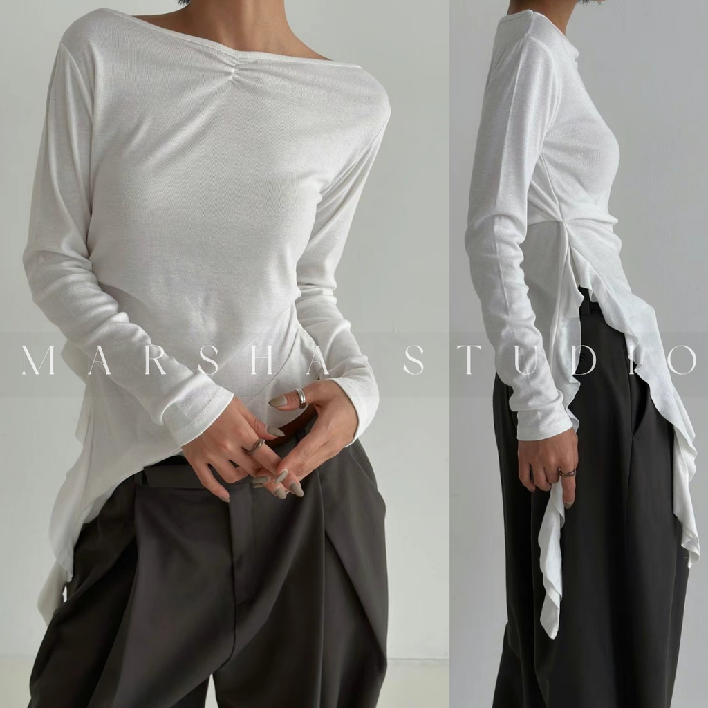 6CK04TOP｜LONG｜GOOXEE GUSSINE｜法式不對稱剪裁側荷葉修身長袖上衣 (5)