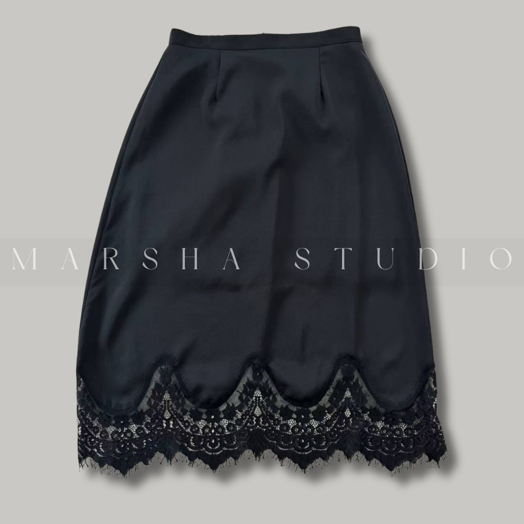 ❮韓國❯6AK01波浪弧形蕾絲拼接鬆緊腰中長裙4