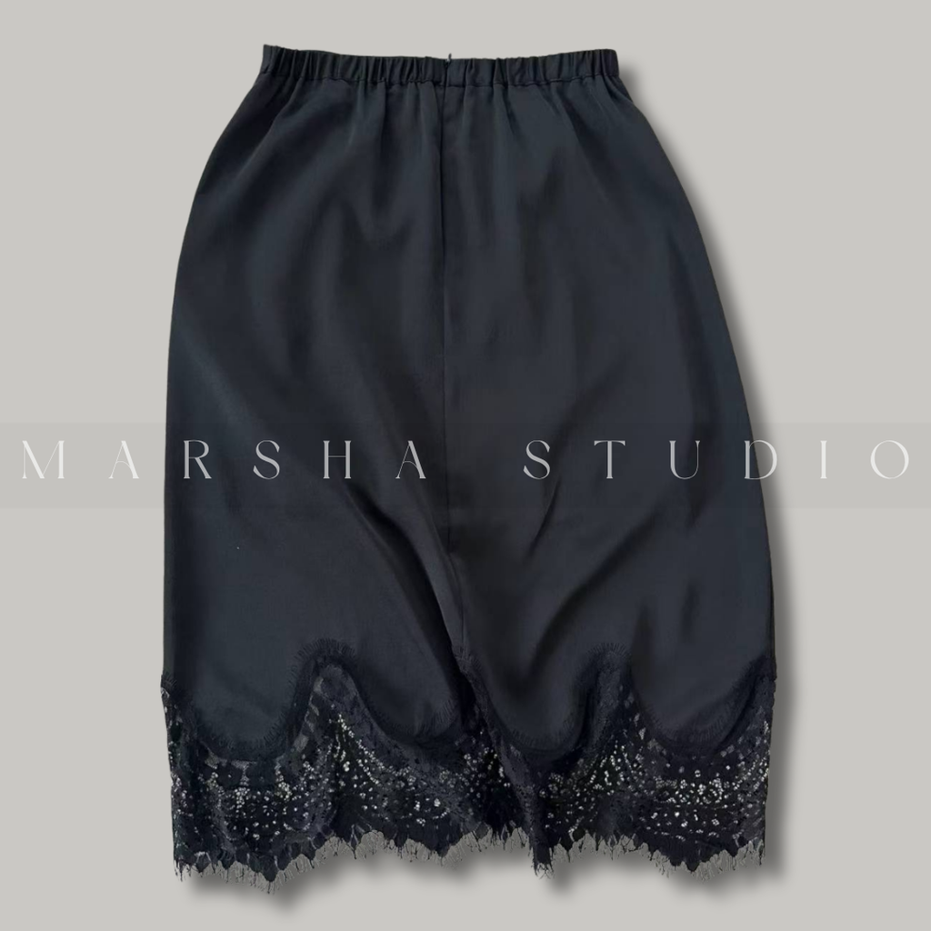 ❮韓國❯6AK01波浪弧形蕾絲拼接鬆緊腰中長裙5