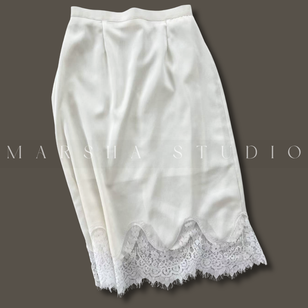 ❮韓國❯6AK01波浪弧形蕾絲拼接鬆緊腰中長裙6