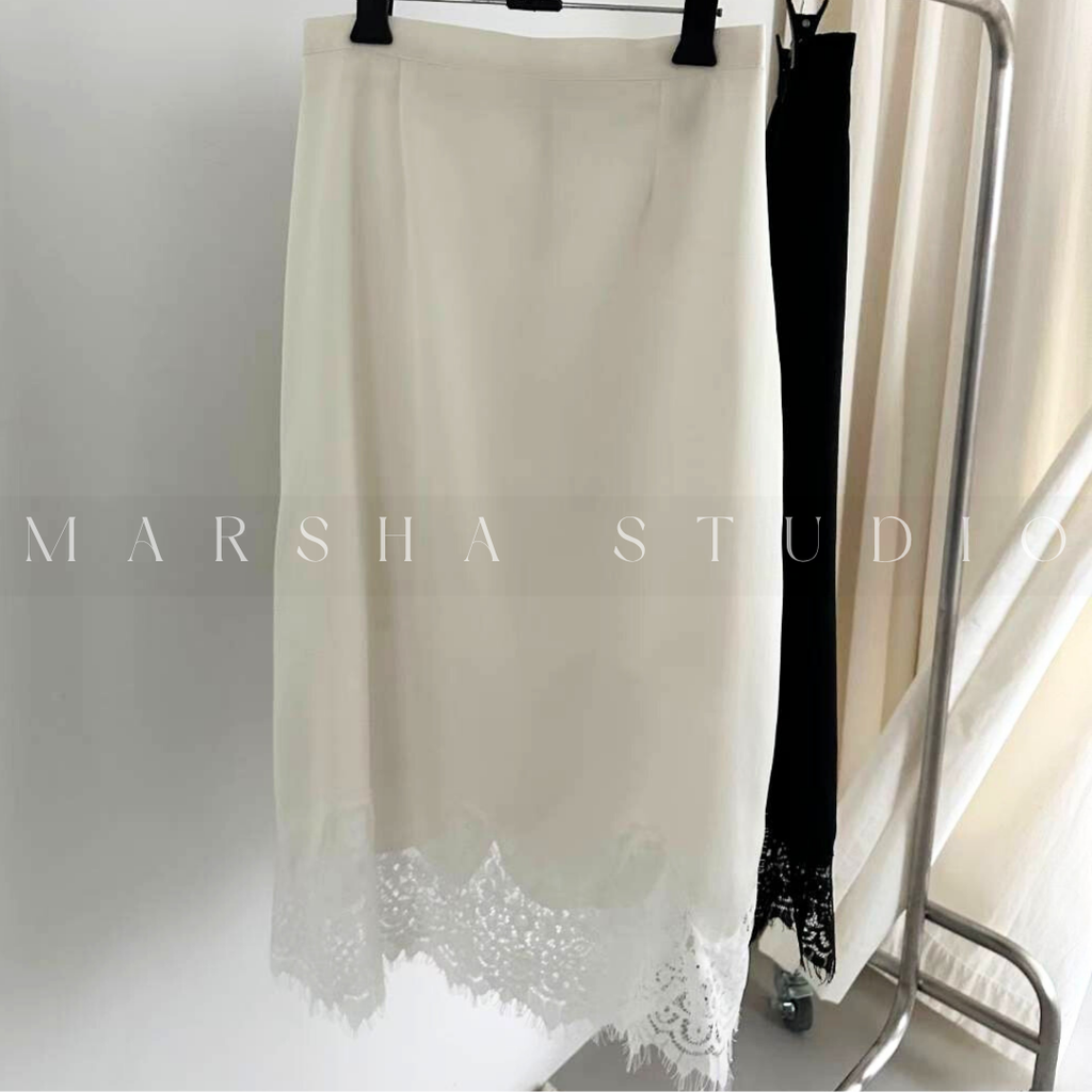 ❮韓國❯6AK01波浪弧形蕾絲拼接鬆緊腰中長裙0