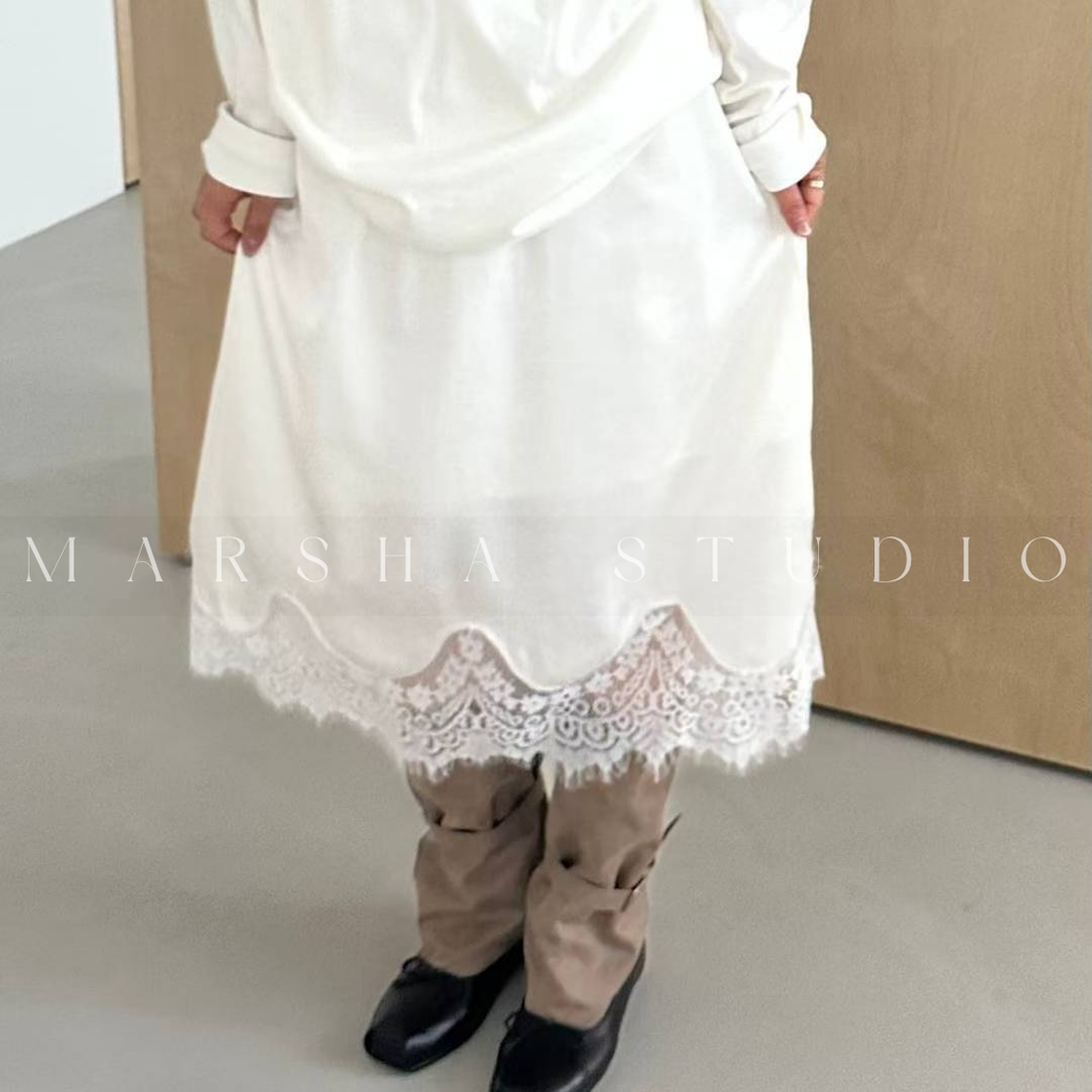 ❮韓國❯6AK01波浪弧形蕾絲拼接鬆緊腰中長裙12