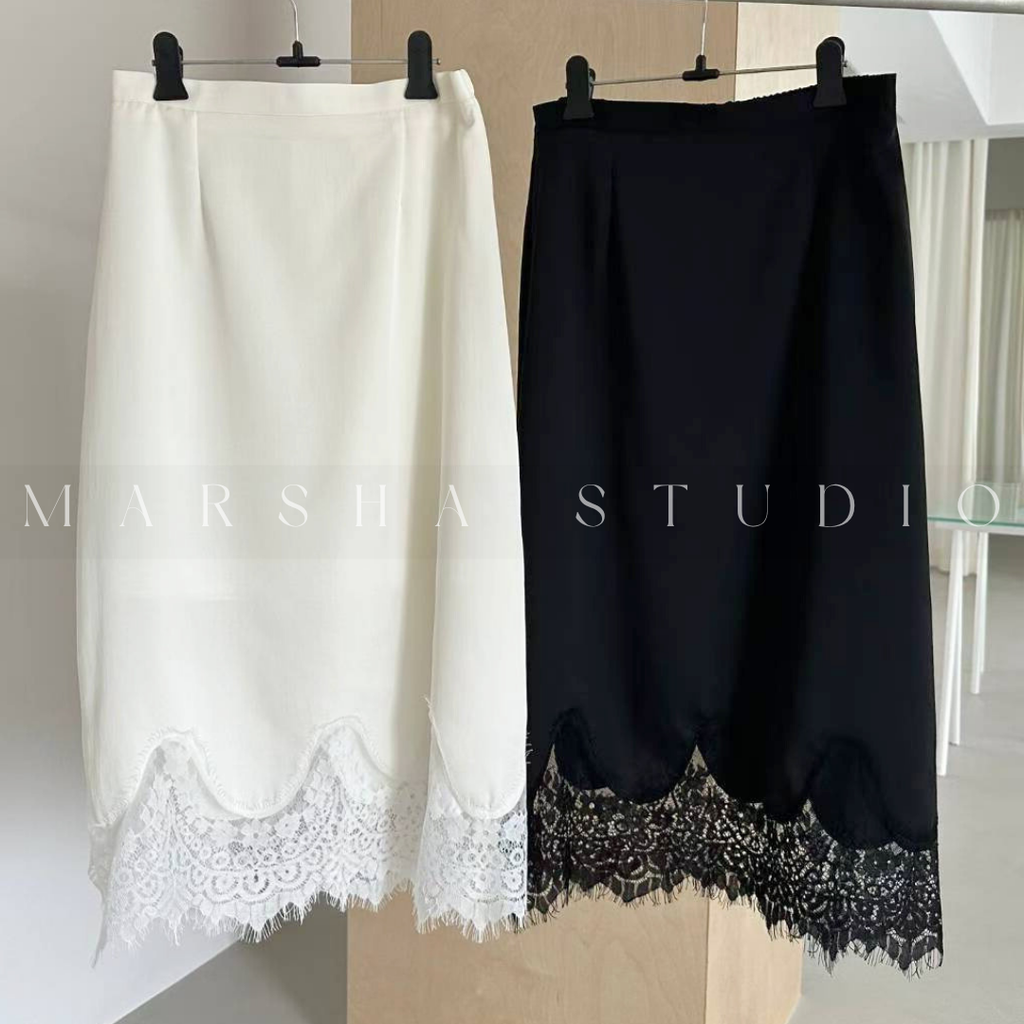 ❮韓國❯6AK01波浪弧形蕾絲拼接鬆緊腰中長裙14