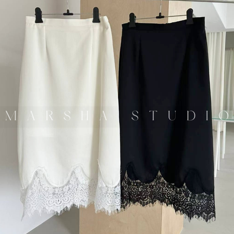 ❮韓國❯6AK01波浪弧形蕾絲拼接鬆緊腰中長裙14