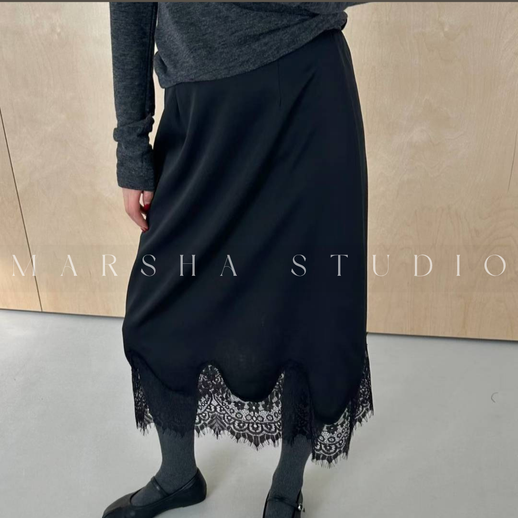 ❮韓國❯6AK01波浪弧形蕾絲拼接鬆緊腰中長裙8