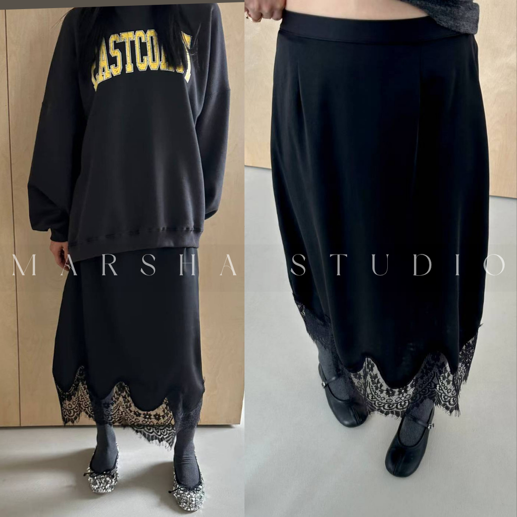 ❮韓國❯6AK01波浪弧形蕾絲拼接鬆緊腰中長裙9