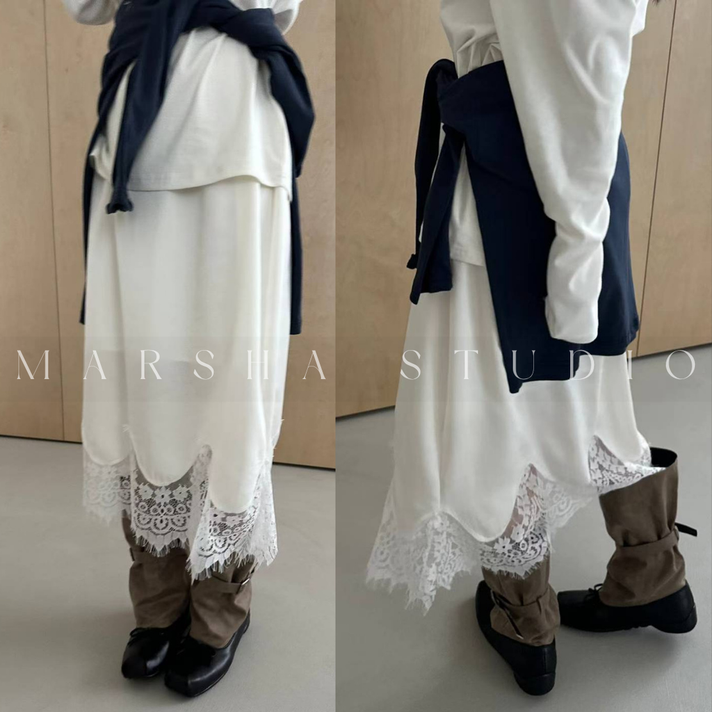 ❮韓國❯6AK01波浪弧形蕾絲拼接鬆緊腰中長裙10