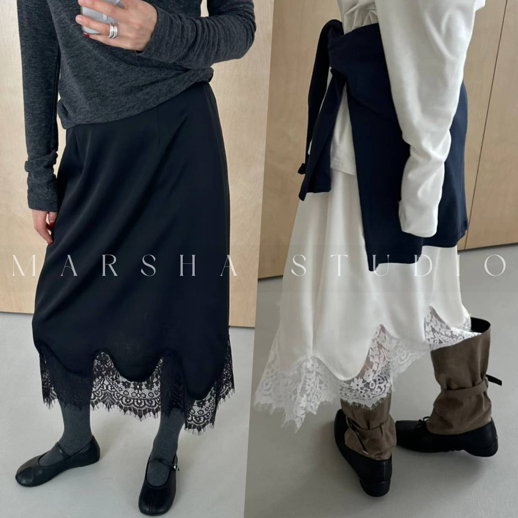 ❮韓國❯6AK01波浪弧形蕾絲拼接鬆緊腰中長裙1