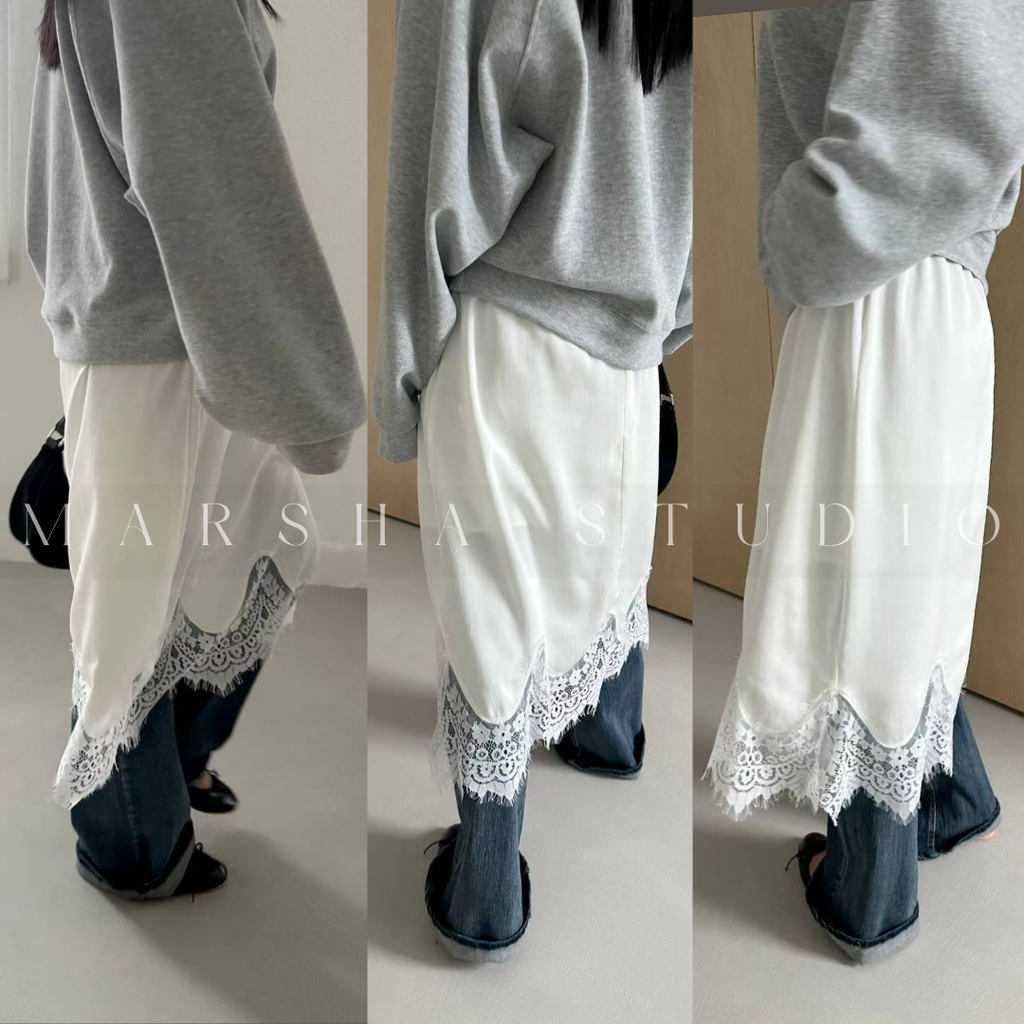 ❮韓國❯6AK01波浪弧形蕾絲拼接鬆緊腰中長裙11