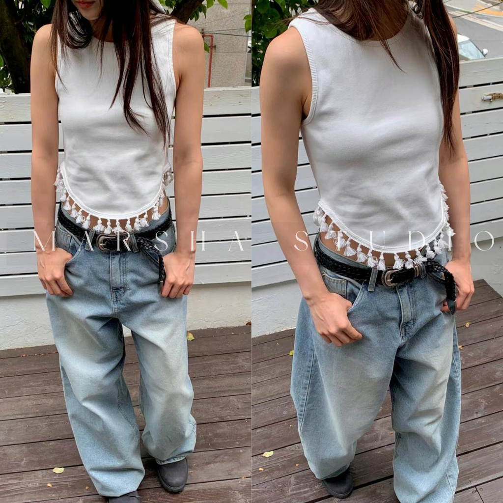 ❮韓國❯5GK03_波西米亞下擺圓弧流蘇結背心上衣|Cotton94%,Spandex6% (4)