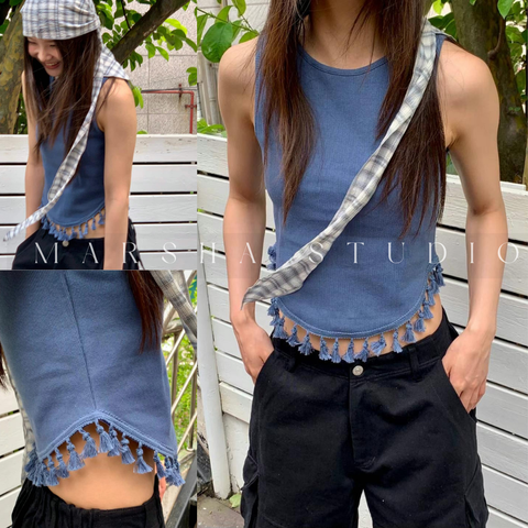 ❮韓國❯5GK03_波西米亞下擺圓弧流蘇結背心上衣｜Cotton94%,Spandex6% (3)