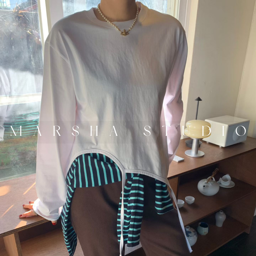 ❮韓國❯6AK22不對稱下擺垂繩設計圓領造型長袖上衣｜大學T｜長袖T恤 (4)