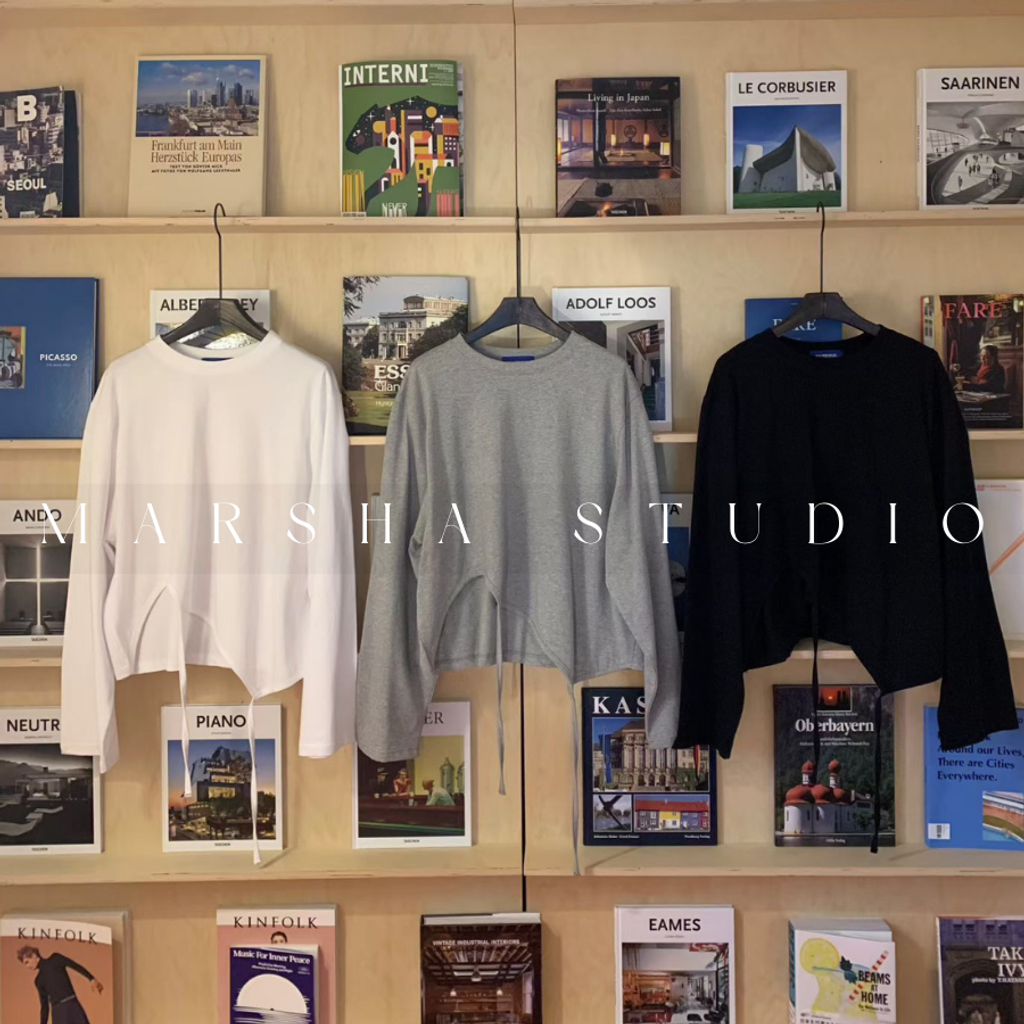 ❮韓國❯6AK22不對稱下擺垂繩設計圓領造型長袖上衣｜大學T｜長袖T恤