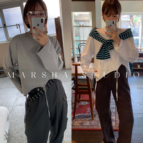 ❮韓國❯6AK22不對稱下擺垂繩設計圓領造型長袖上衣｜大學T｜長袖T恤 (2)