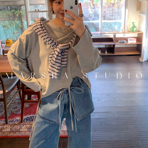 ❮韓國❯6AK22不對稱下擺垂繩設計圓領造型長袖上衣｜大學T｜長袖T恤 (3)