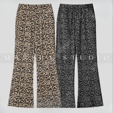 ❮韓國❯6AK21絨感壓褶豹紋鬆緊中低腰直筒長褲