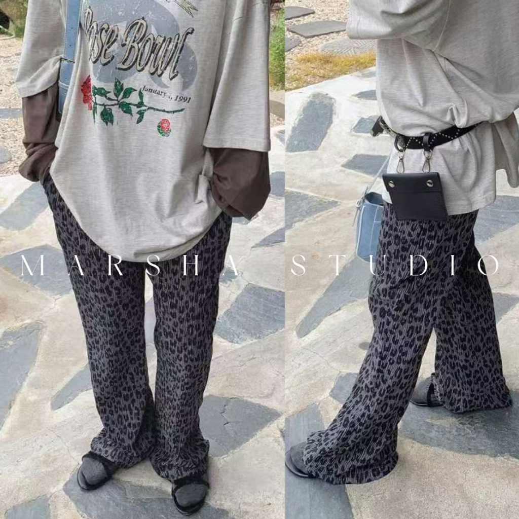 ❮韓國❯6AK21絨感壓褶豹紋鬆緊中低腰直筒長褲 (5)