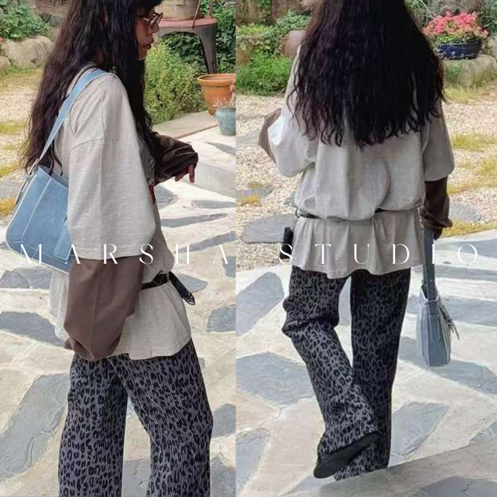 ❮韓國❯6AK21絨感壓褶豹紋鬆緊中低腰直筒長褲 (4)