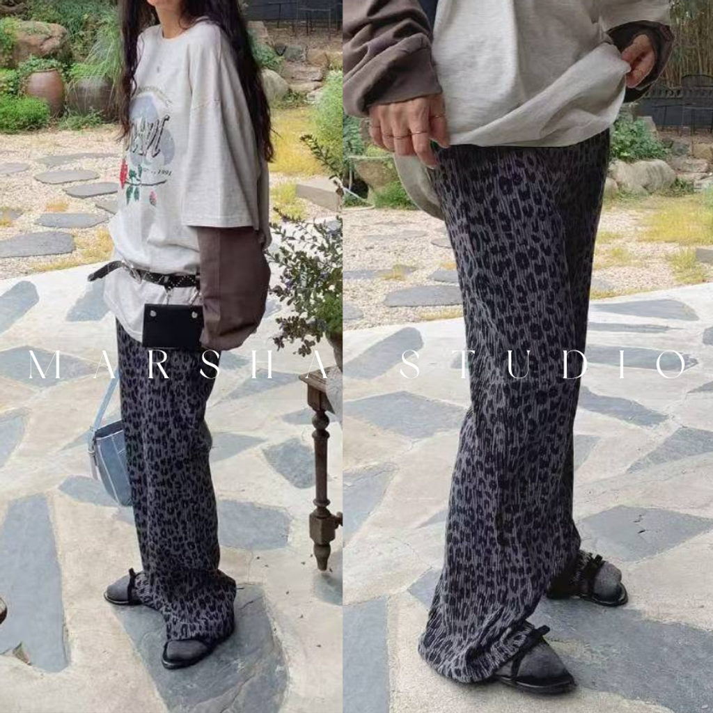❮韓國❯6AK21絨感壓褶豹紋鬆緊中低腰直筒長褲 (3)