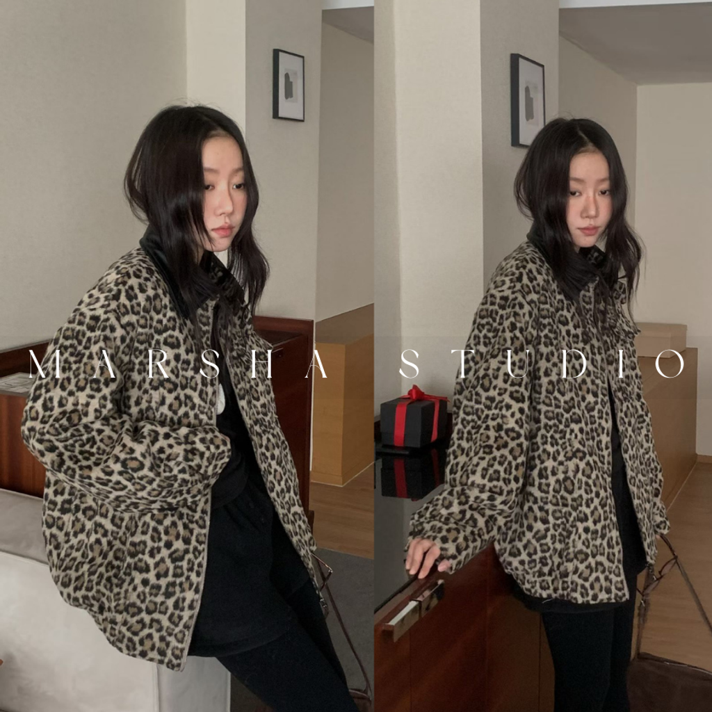 ❮韓國❯6AK19帥氣個性皮革領羊毛混紡豹紋厚實內刷毛保暖夾克外套 (4)