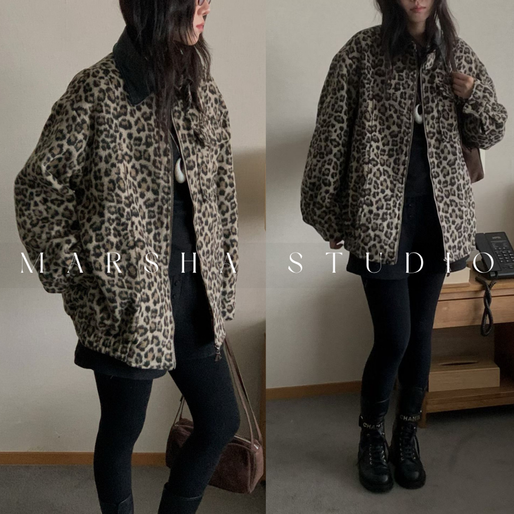 ❮韓國❯6AK19帥氣個性皮革領羊毛混紡豹紋厚實內刷毛保暖夾克外套 (3)