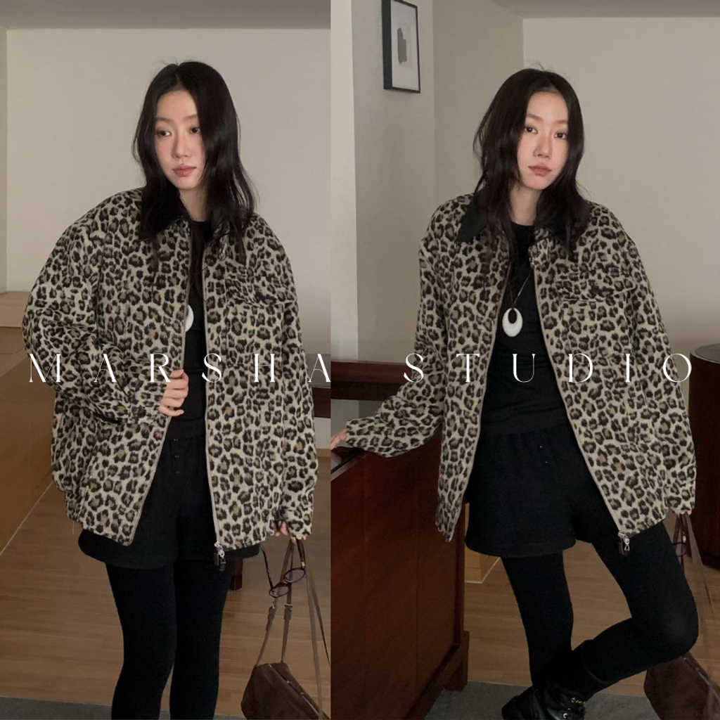 ❮韓國❯6AK19帥氣個性皮革領羊毛混紡豹紋厚實內刷毛保暖夾克外套 (6)