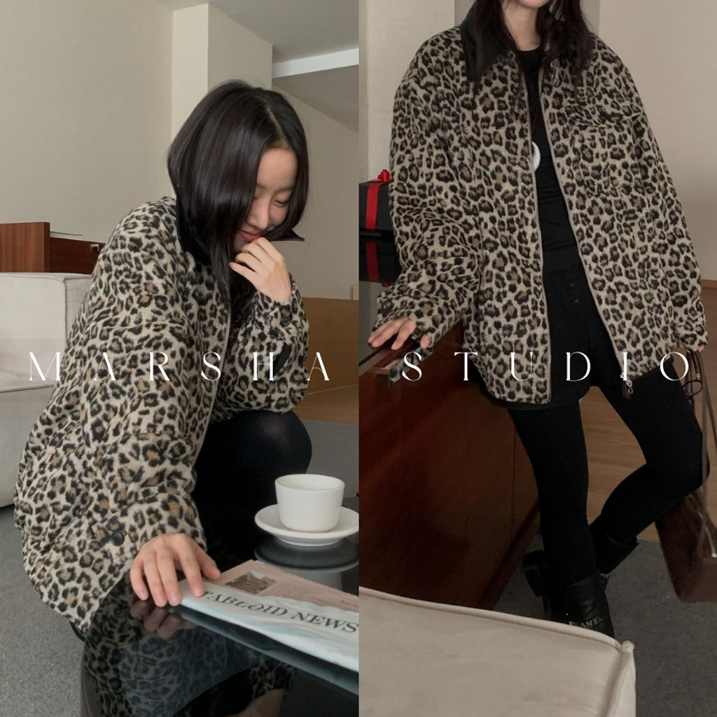 ❮韓國❯6AK19帥氣個性皮革領羊毛混紡豹紋厚實內刷毛保暖夾克外套 (7)
