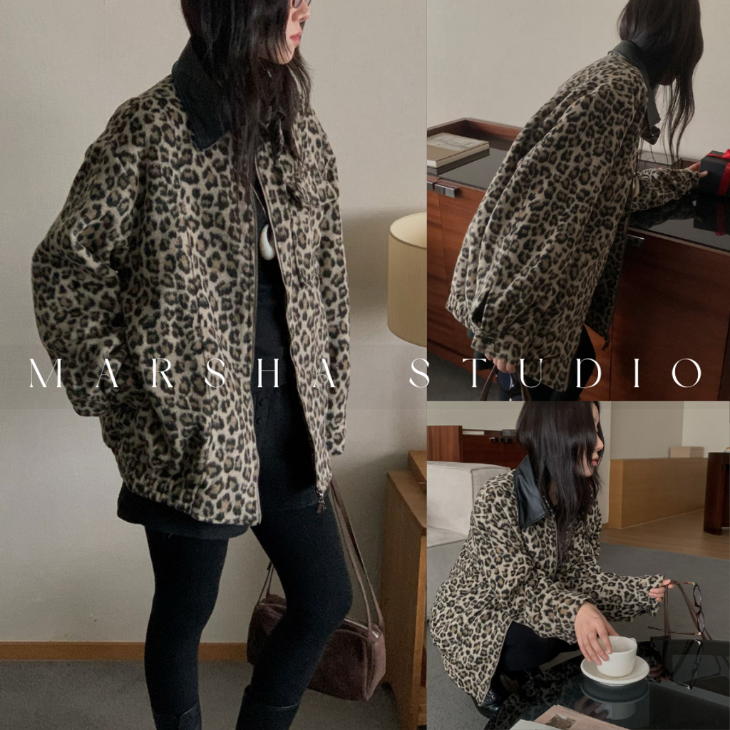 ❮韓國❯6AK19帥氣個性皮革領羊毛混紡豹紋厚實內刷毛保暖夾克外套 (5)