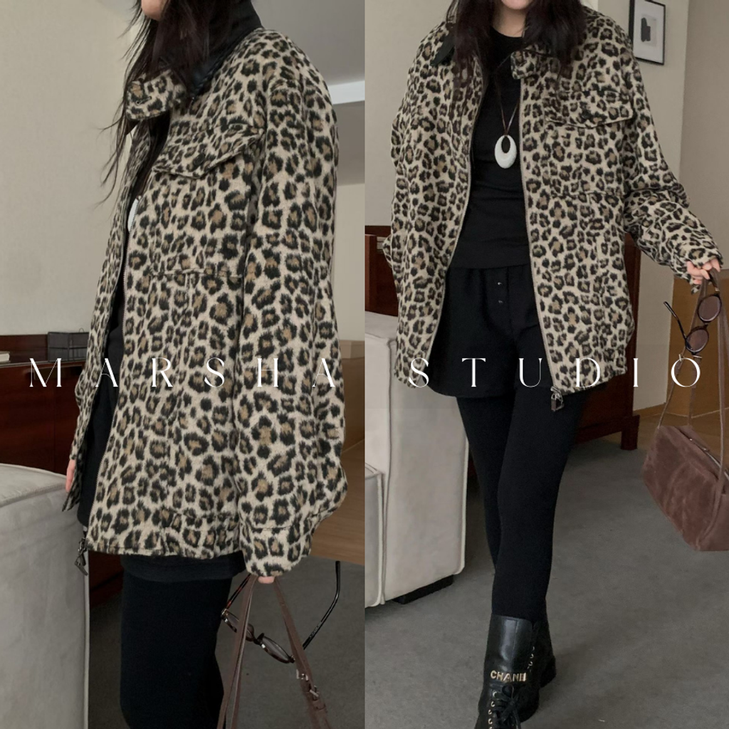 ❮韓國❯6AK19帥氣個性皮革領羊毛混紡豹紋厚實內刷毛保暖夾克外套 (8)
