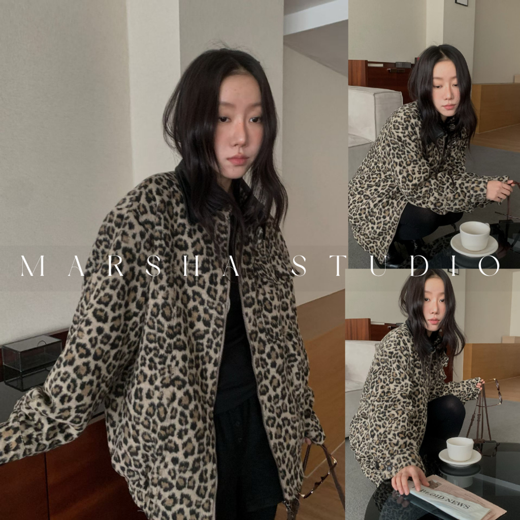 ❮韓國❯6AK19帥氣個性皮革領羊毛混紡豹紋厚實內刷毛保暖夾克外套 (9)