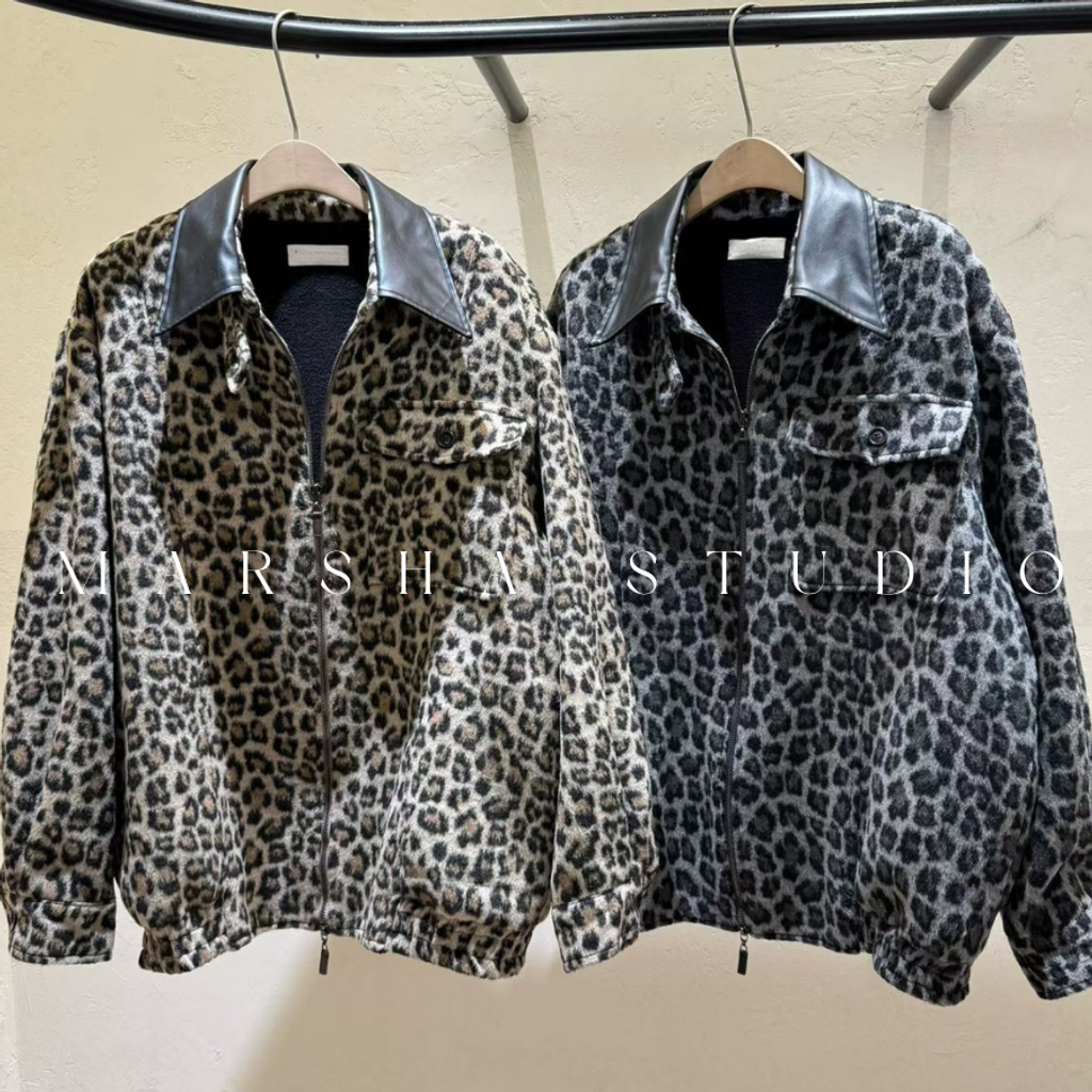 ❮韓國❯6AK19帥氣個性皮革領羊毛混紡豹紋厚實內刷毛保暖夾克外套 (2)