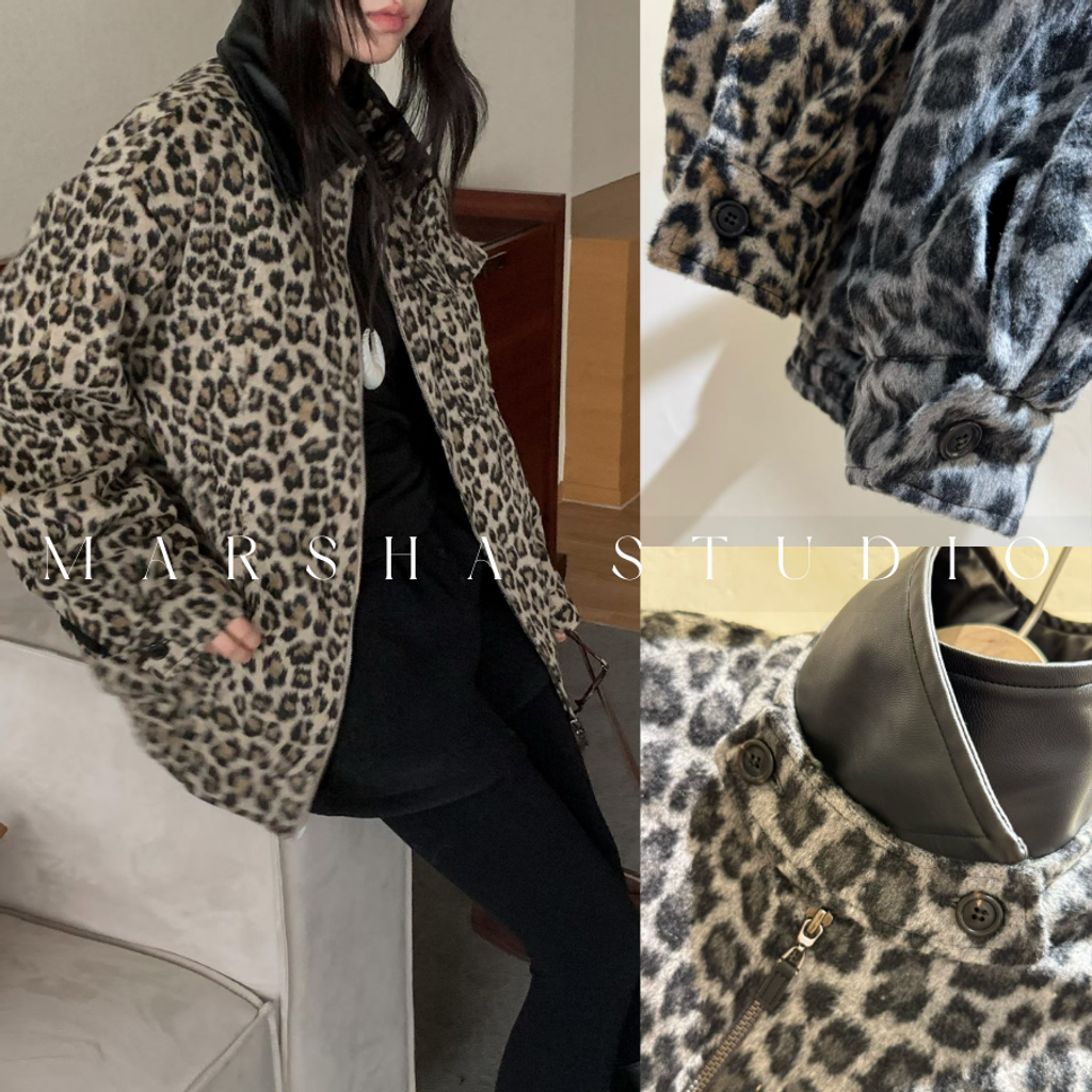 ❮韓國❯6AK19帥氣個性皮革領羊毛混紡豹紋厚實內刷毛保暖夾克外套 (10)