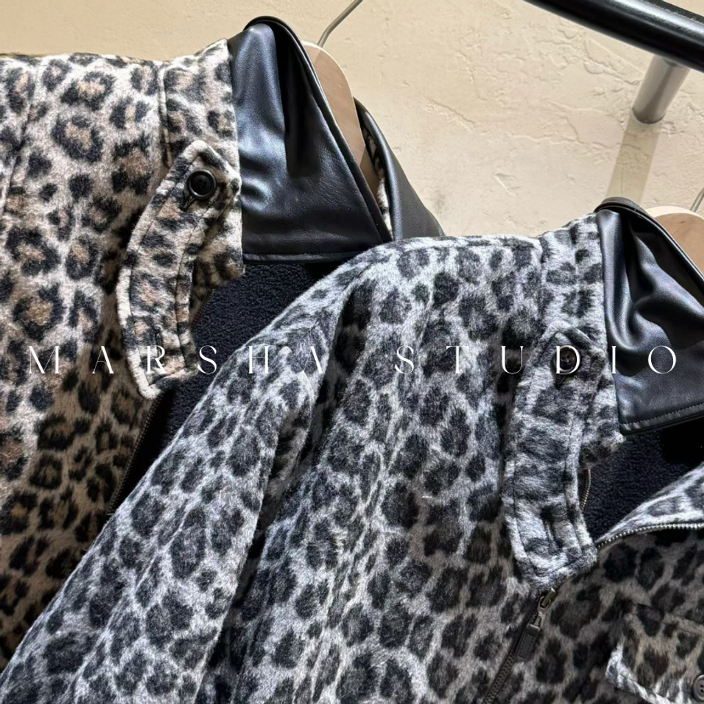 ❮韓國❯6AK19帥氣個性皮革領羊毛混紡豹紋厚實內刷毛保暖夾克外套 (13)