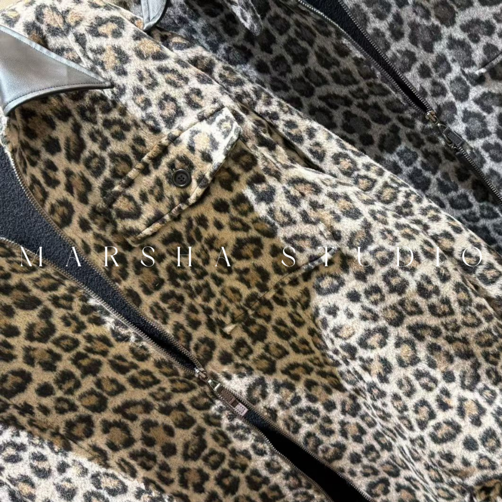 ❮韓國❯6AK19帥氣個性皮革領羊毛混紡豹紋厚實內刷毛保暖夾克外套 (18)