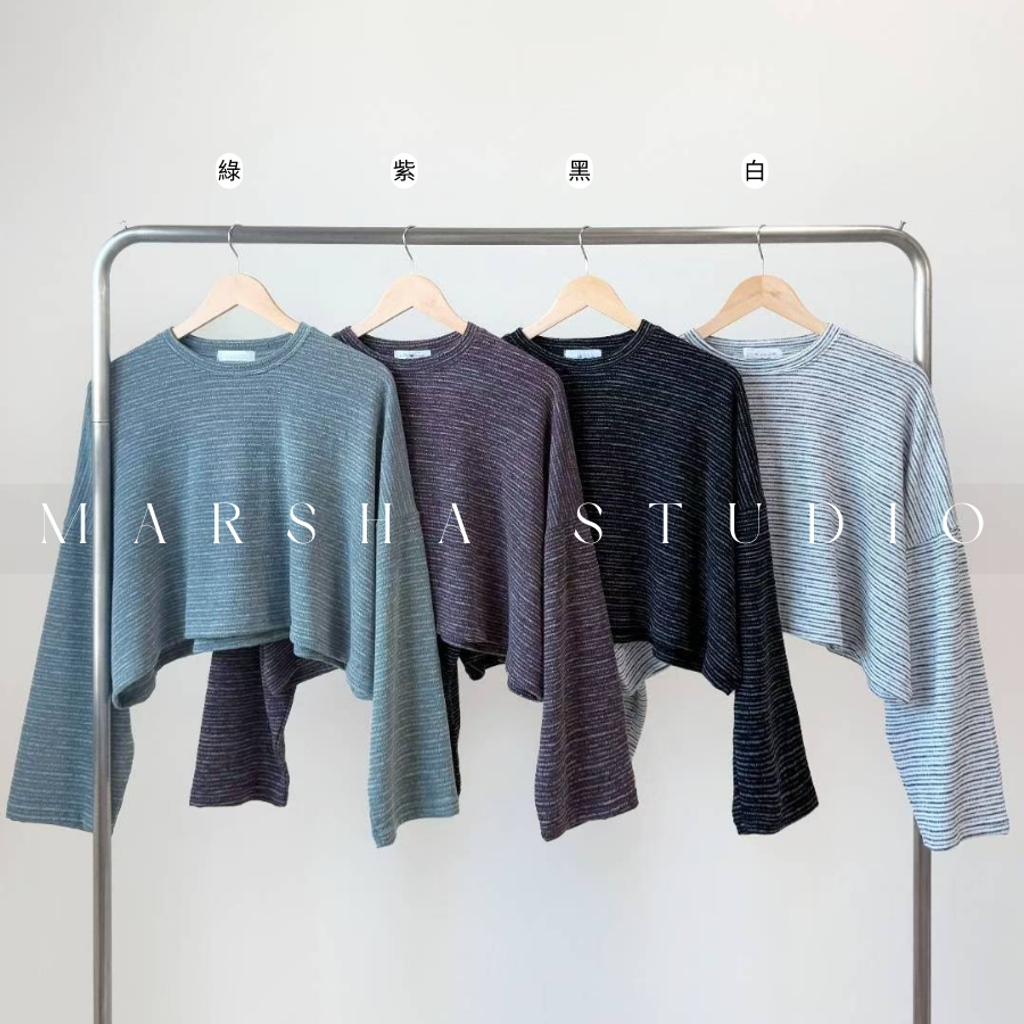 ❮韓國❯6AK17隨性時髦細織小毛圈短版圓領條紋長袖上衣