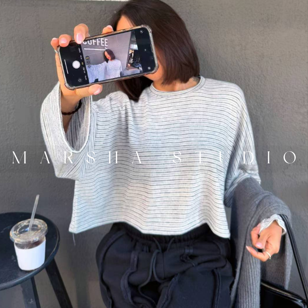 ❮韓國❯6AK17隨性時髦細織小毛圈短版圓領條紋長袖上衣 (4)