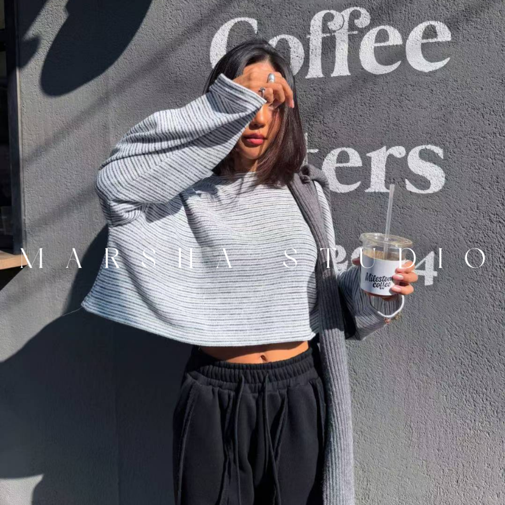 ❮韓國❯6AK17隨性時髦細織小毛圈短版圓領條紋長袖上衣 (2)