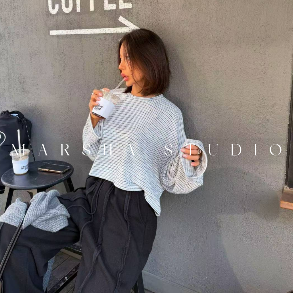 ❮韓國❯6AK17隨性時髦細織小毛圈短版圓領條紋長袖上衣 (7)