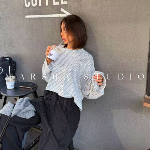 ❮韓國❯6AK17隨性時髦細織小毛圈短版圓領條紋長袖上衣 (7)