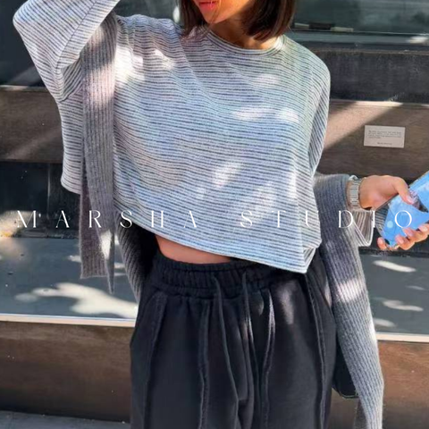 ❮韓國❯6AK17隨性時髦細織小毛圈短版圓領條紋長袖上衣 (3)