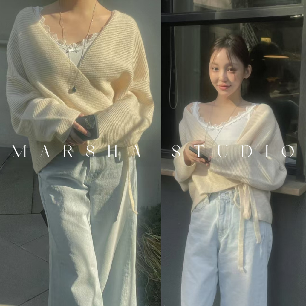 ❮韓國❯6AK15氣質優雅交疊綁帶兩穿針織罩衫上衣｜長袖上衣 (5)