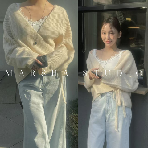 ❮韓國❯6AK15氣質優雅交疊綁帶兩穿針織罩衫上衣｜長袖上衣 (5)