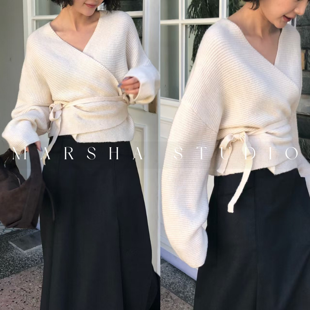 ❮韓國❯6AK15氣質優雅交疊綁帶兩穿針織罩衫上衣｜長袖上衣 (3)