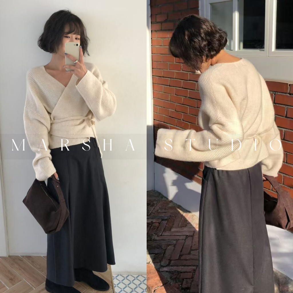 ❮韓國❯6AK15氣質優雅交疊綁帶兩穿針織罩衫上衣｜長袖上衣 (4)